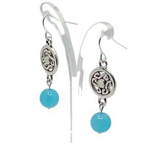 Blue marble bead with silver floral accent pendant earring pair